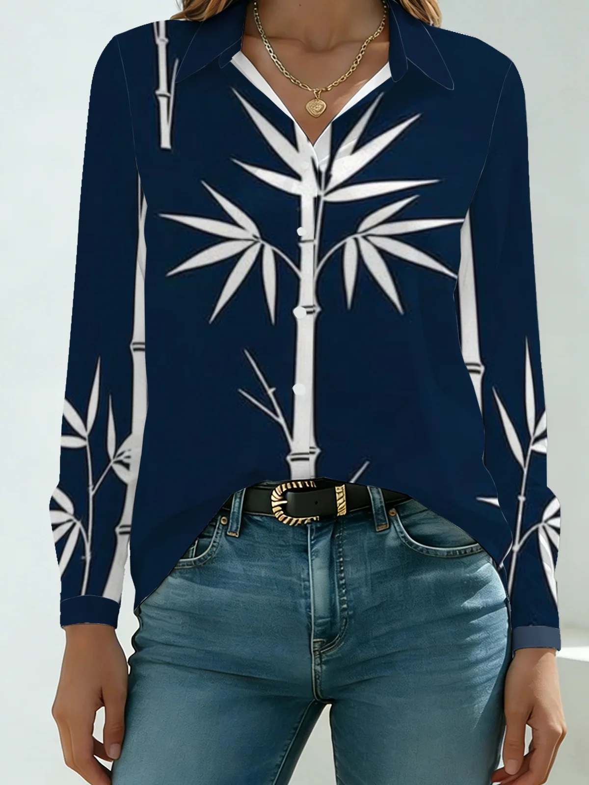 New Chinese Minimal Plant Womens Collared Shirt Solid Dark Navy Base White Ink Bamboo Allover Print Long Sleeve Street Dating