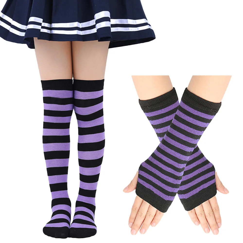 Elastische, weiche, gestrickte, gestreifte Armstulpen, überkniehohe Socken, Set, Tanz, Karneval, Party, Cosplay, Performance-Outfit, Zubehör – Detail 1