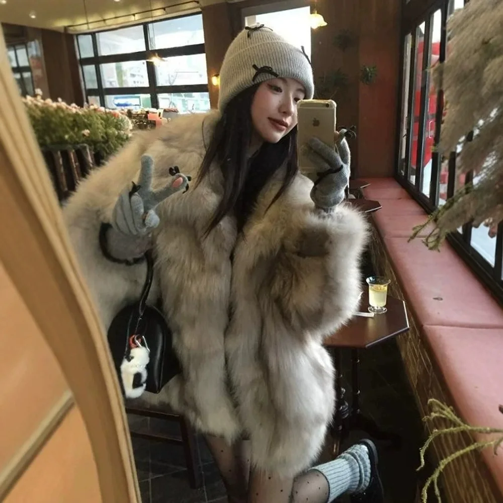 Faux Fox Fur Women Coat Short Overcoat Solid Turndown Collar Long Sleeve Covered Button Thick Straight Casual 2026 Autumn Winter