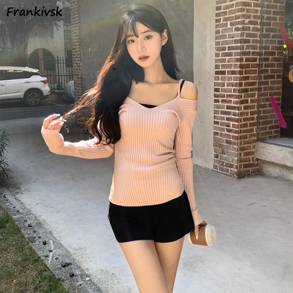 

Women Pullovers Ins Knitted Straps Long Sleeve Fitting Korean Style Elegant Temperament Casual Tender Sweet Girls Breathable New