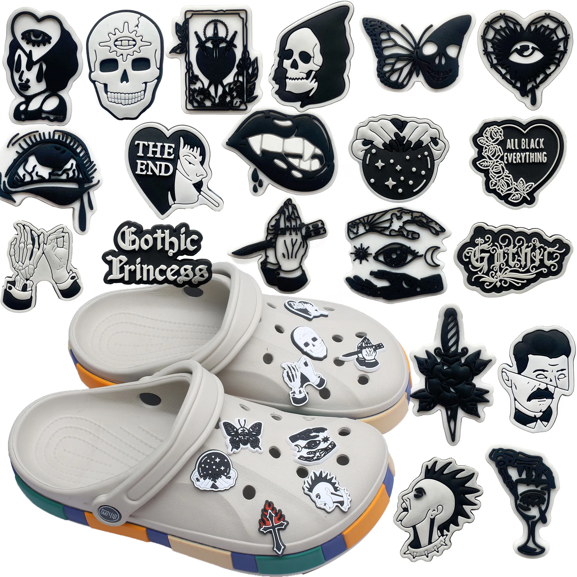 20-100PCS Black And White Gothic Series Shoe Charms For Sandals,Shoe Decoration Accessories Shoe Pins Great Gift For Men Wom