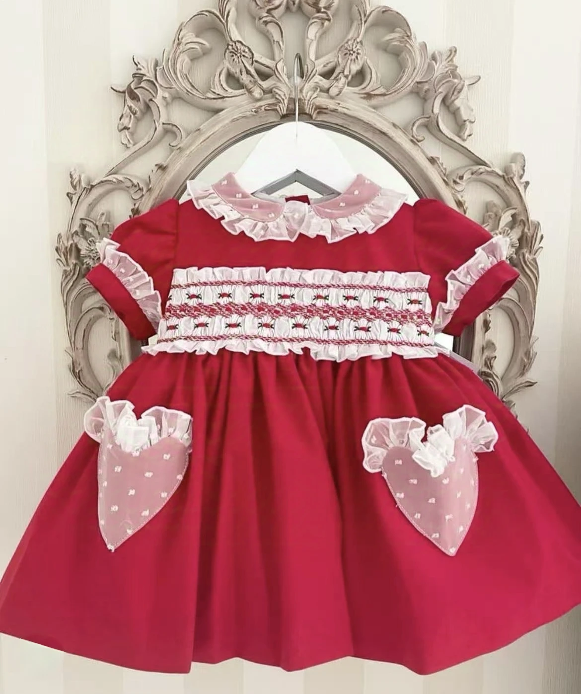 

0-12Y Baby Girl Summer Handmade Smocking Red Dress With Hearted Pockets for Birthday Photography Holiday Eid Christmas A311
