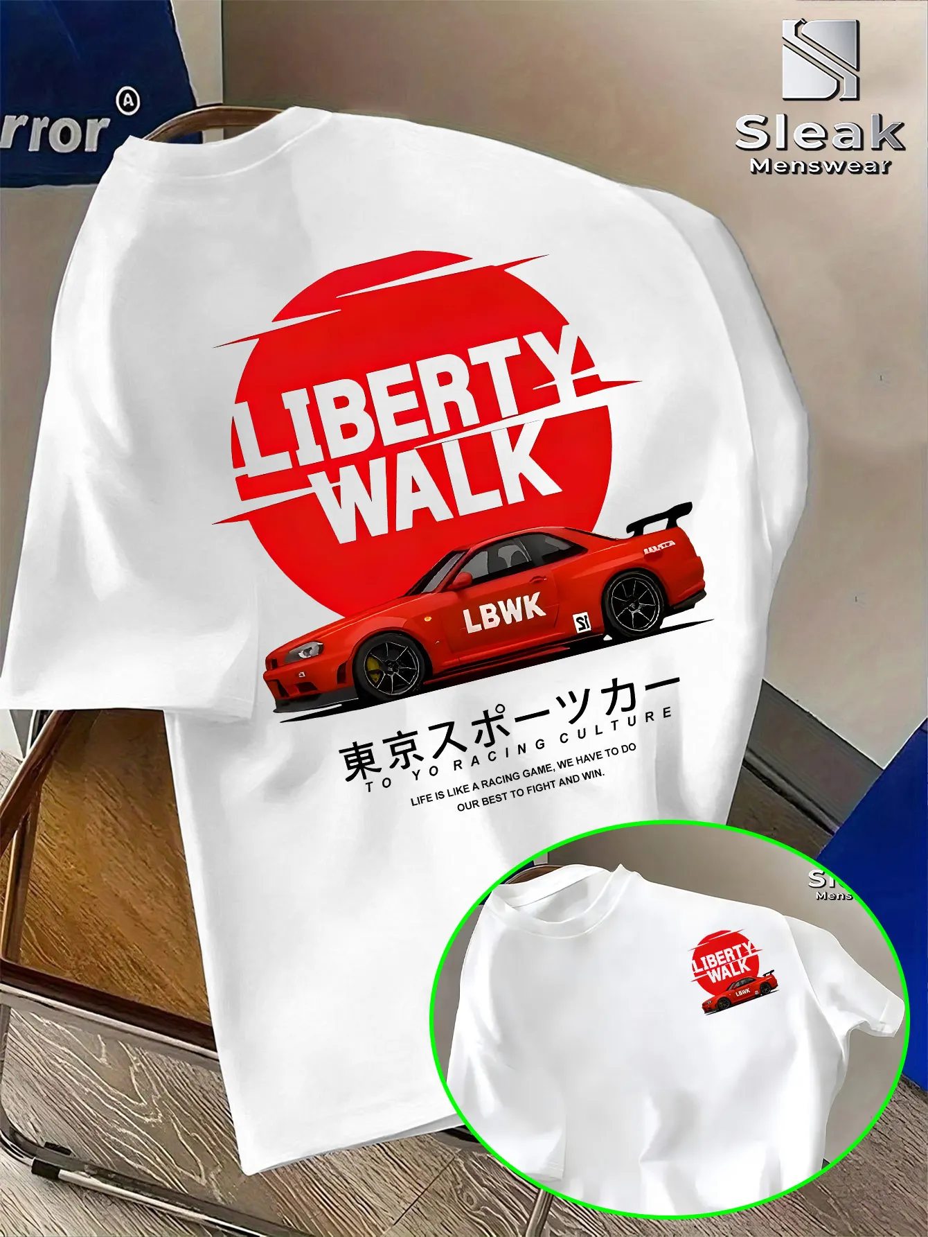Kurzärmliges Herren-T-Shirt für den Sommer, LIBERTY WALK Modified Sports Car Trend Print, atmungsaktives und modisches Outfit im einzigartigen Stil.