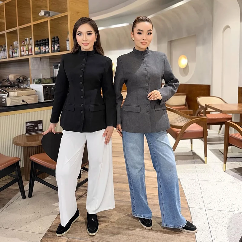 Damen-Blazer mit Stehkragen und Taillenbetonung, elegant, langärmelig, einreihig, schmal geschnitten, schicke Bürojacke – Detail 22