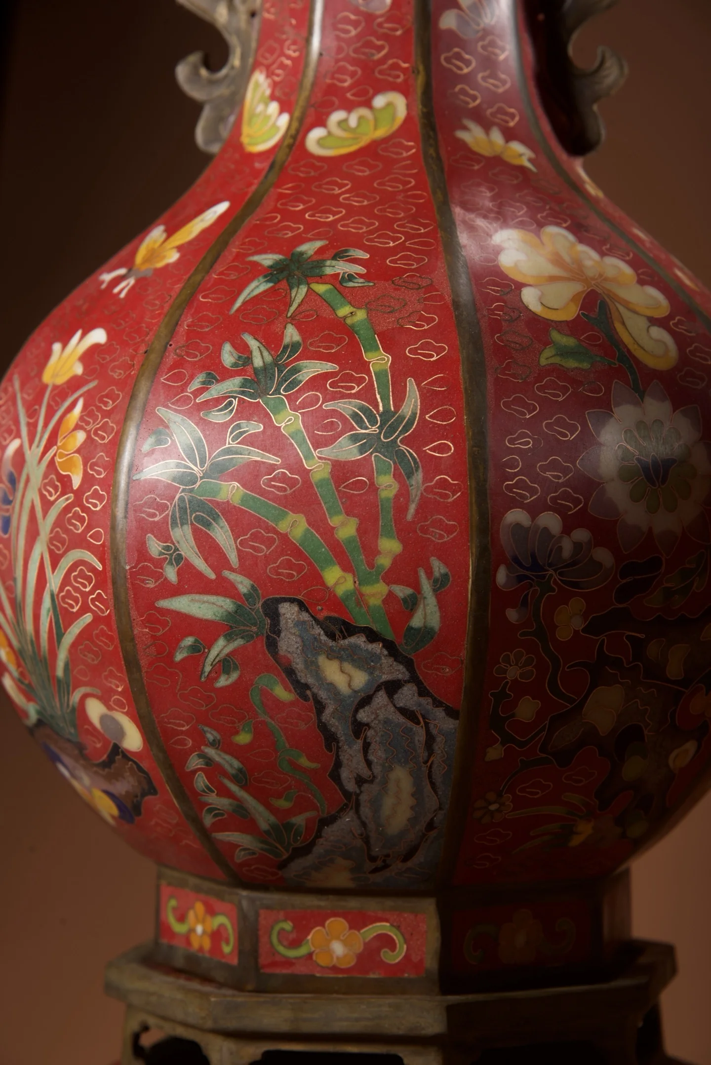 Bronze Cloisonne Enamel Seasonal Flower Pattern Dragon ear Octagonal mouthed bottle vase a pair office Study screen Amass wealth