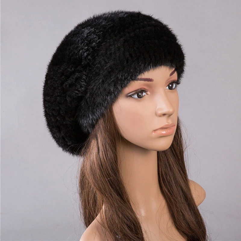 Brand Winter Warm Soft Real Fur Knitted Beret Caps Women Natural Mink Fur Striped Hats Lady Real Rex Rabbit Fur Beanies Girls