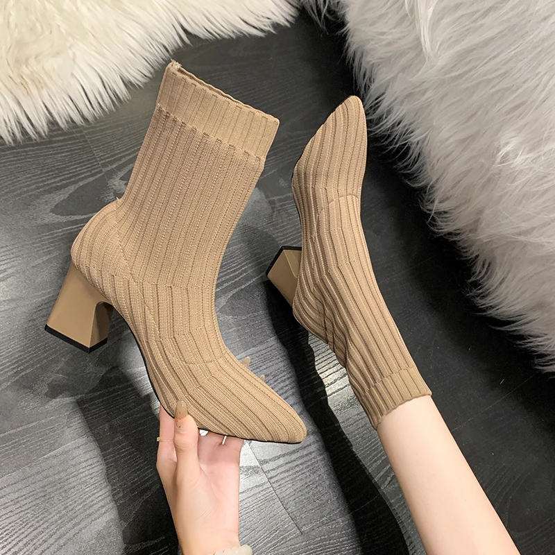 

Women's Knit Breathable Sock Boots Fall New Pointed Toe Sleeve Non-Slip Wear-Resistant Block Heel