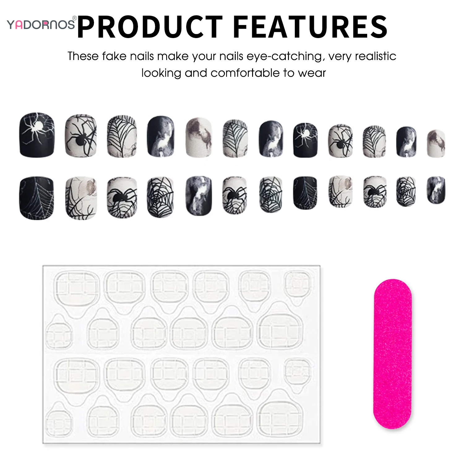 أظافر زائفة بالأبيض والأسود ، أطراف أظافر مزيفة دائرية قصيرة ، تصاميم شبكة العنكبوت ، اضغط على مسمار لحفلة هالوي ، قابل للارتداء ، تلطيخ ، 24 *