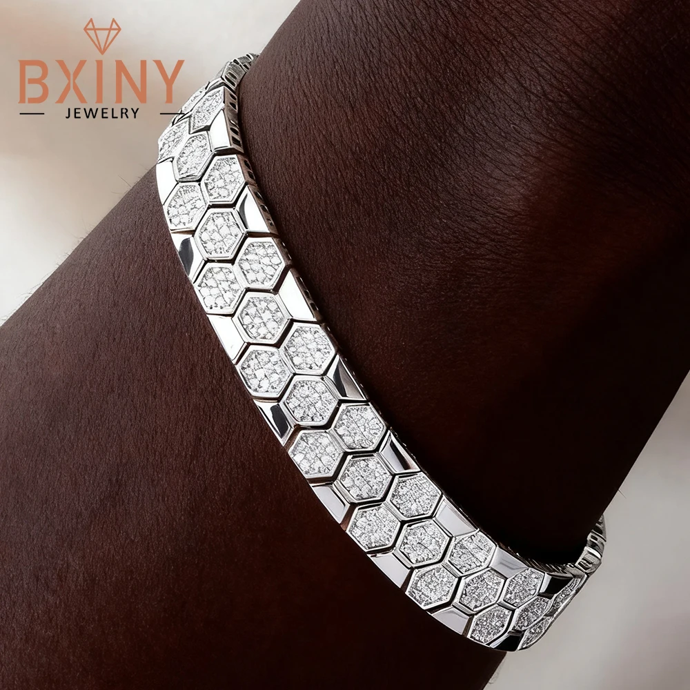

BXINY полный муассанит браслеты из стерлингового серебра 925 пробы для женщин и мужчин сертифицированные бриллиантовые сотовые браслеты в стиле хип-хоп ювелирные изделия подарки