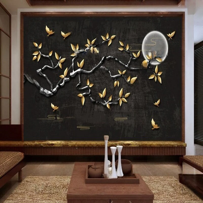 

MU9128 Простые фоновые обои с черным трехмерным рельефом и золотыми листьями в ретро-китайском стиле.