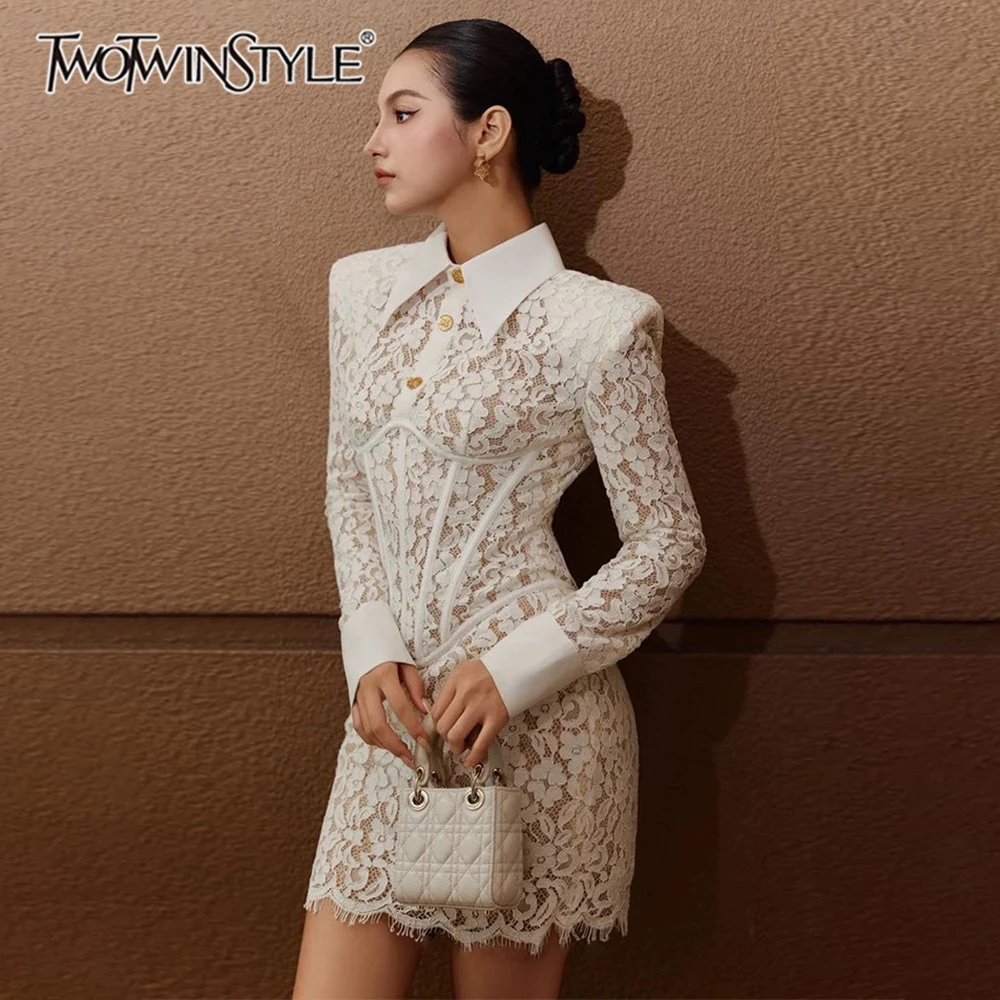 TWOTWINSTYLE Solid Slimming Spliced Lace Dress for Women Lapel Long Sleeves Elegant Temperament Dresses Female Autumn Fashion