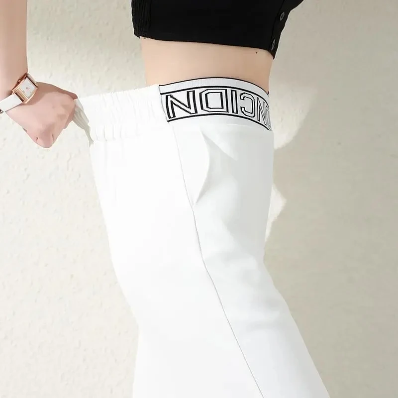 Ice Silk Wide-leg Pants Womens High Waist Drooping Letter Elastic Waist 2023 Spring Summer Thin Straight Loose White Pants Ladie