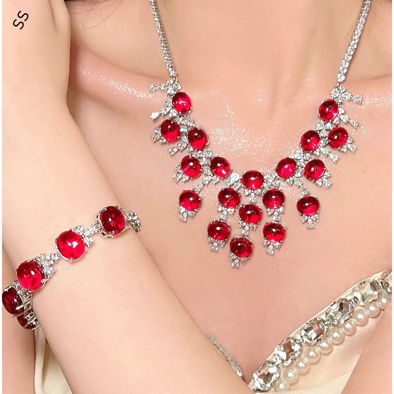 

Luxury Noble Red Gemstone Zircon Jewelry Sets 4 Pieces Pomegranate Seed Flower Open Ring Bracelet Chain Necklace Earrings