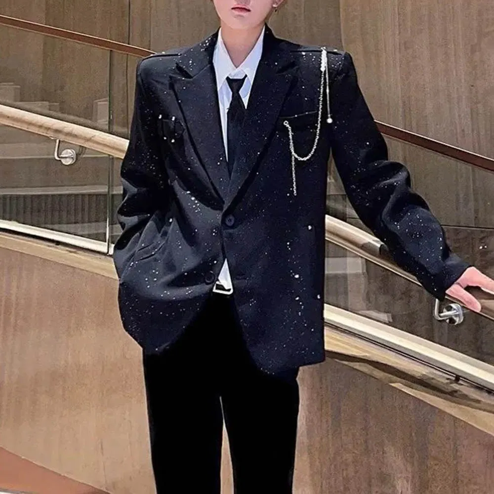 

Мужская осенняя куртка с блестящим ночным небом и жемчугом, костюм, куртка, уличная одежда, модный топ для выступлений на сцене, мужская одежда