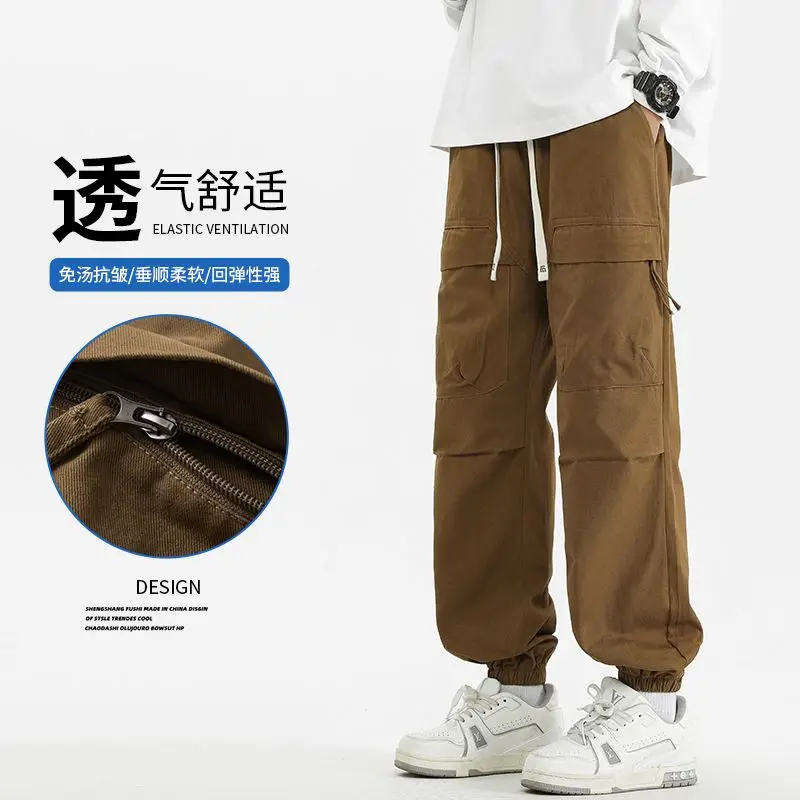 جديد وصول الأمريكية عارضة متعددة جيب فضفاض مستقيم الساق السراويل الطويلة للرجال الخريف الشباب العصرية العلامة التجارية الرباط عمال الجينز