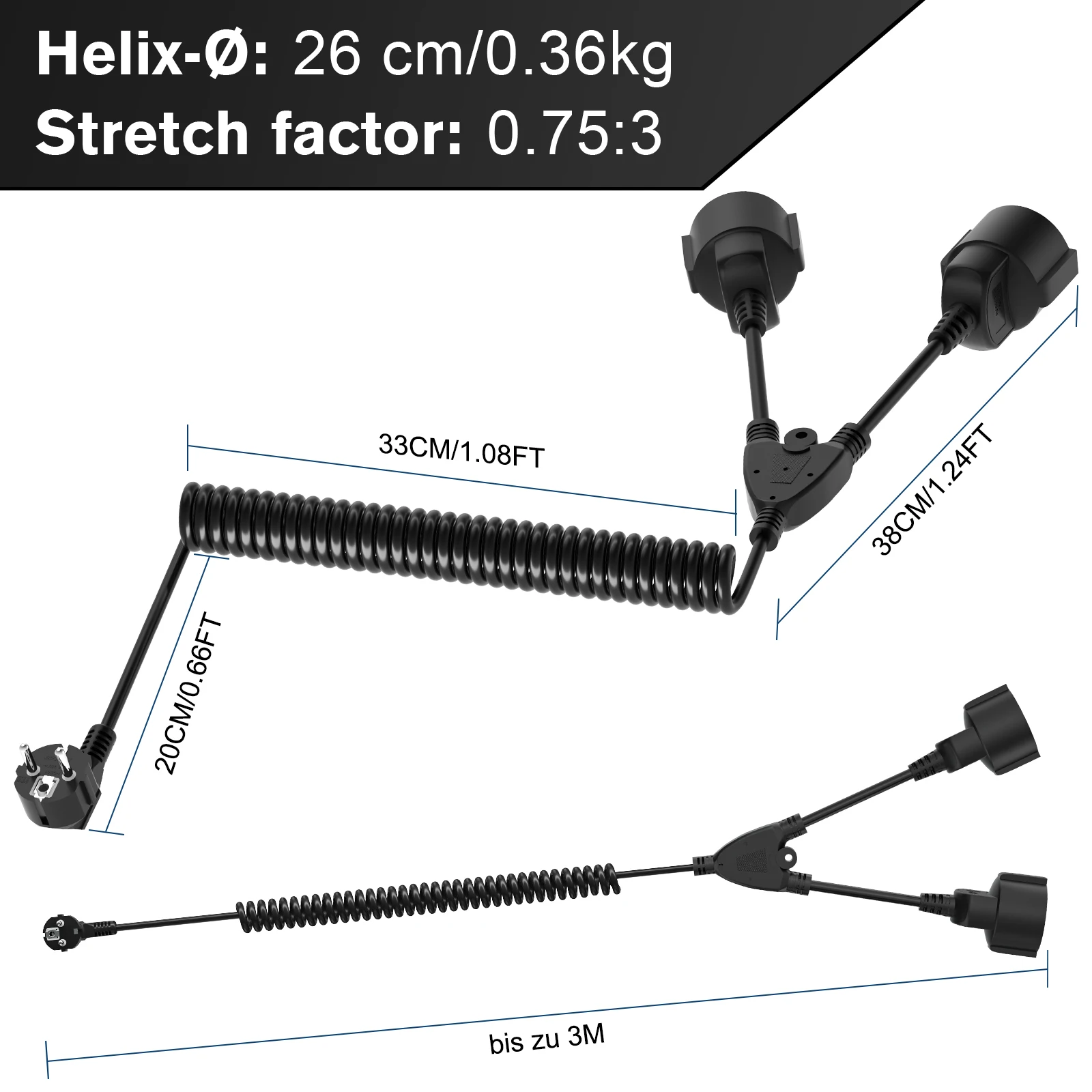 3/5/7meters EU Power Extension Cord with 2AC Sockets Spring wire Spiral Coiled Retractable Power Cable 16A/250V Double Plug