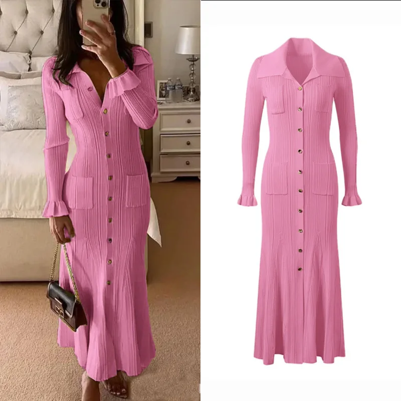 

Women Elegant High Waist Knitted Dress With Pleated Skirt Long Sleeve V-Neck Midi Dress Fashionable Business Casual Party Skirt