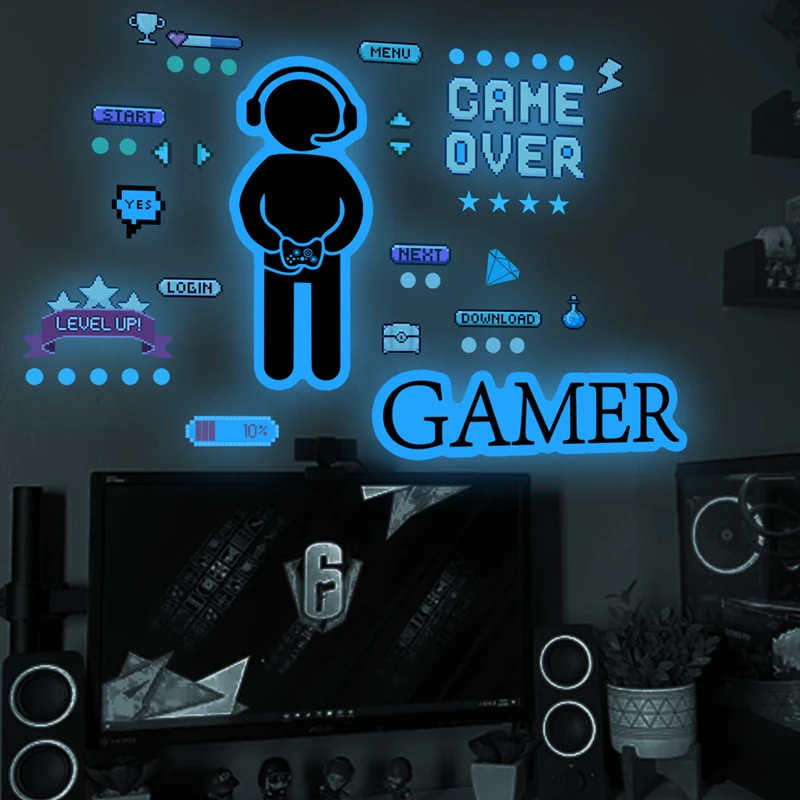 Leuchtende Gamer-Jungen-Wandaufkleber, Spielbuchstaben, Element, Vinyl-Aufkleber, leuchtet im Dunkeln, für Kinderzimmer, Gaming, Zimmer, Heimdekoration