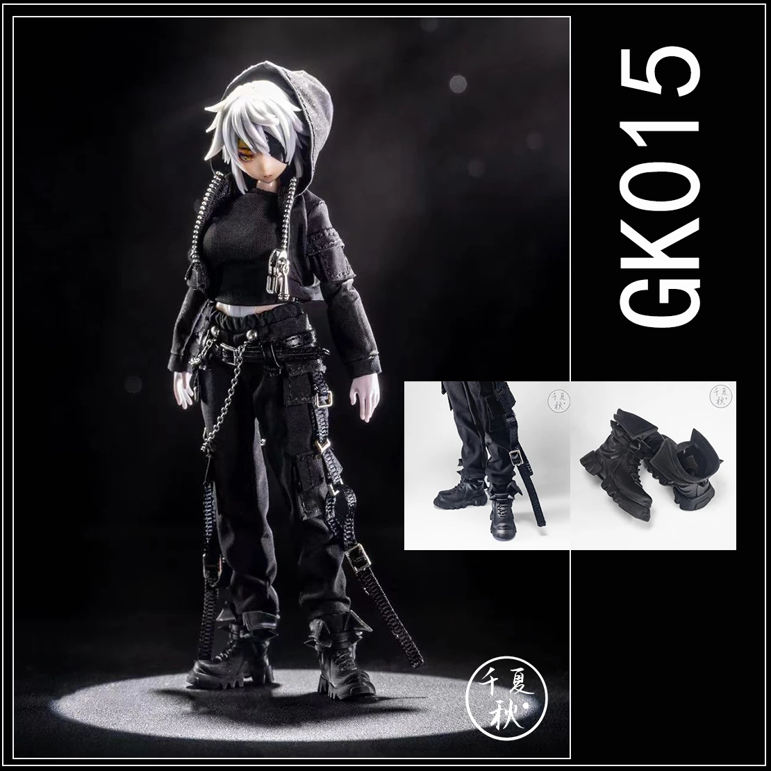 A-008 1/12 Scale Female Soldier Black Hooded Jacket Chain Cargo Pants Combat Boots Shoes For 6in Anime Action Figure Body