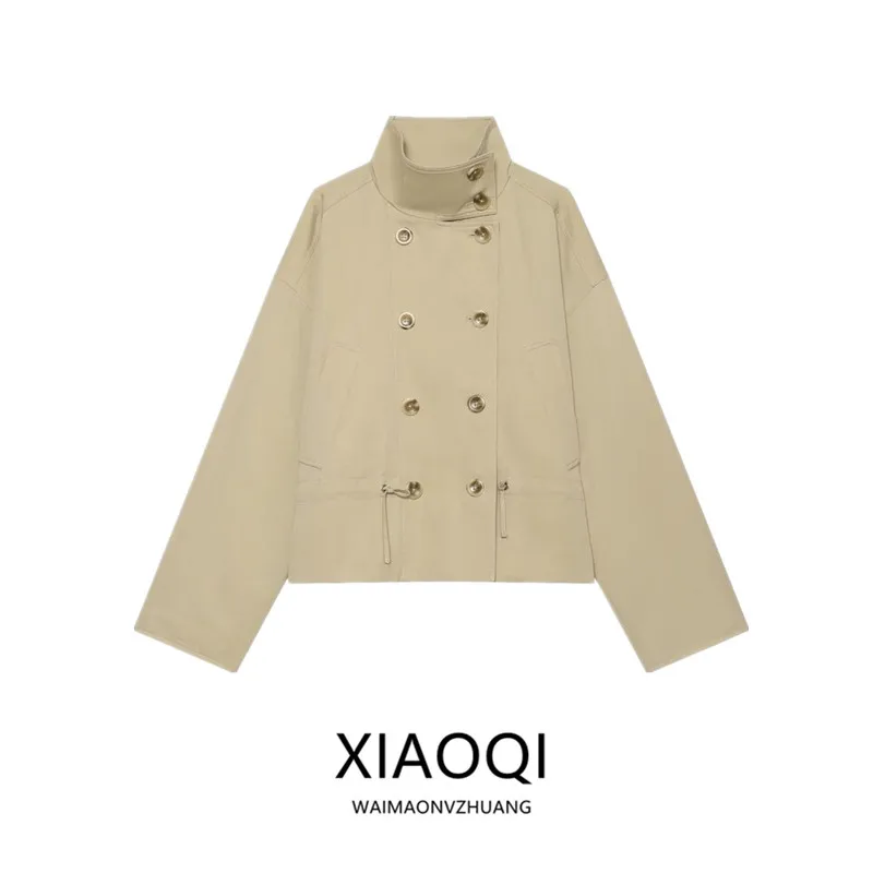 Retro Style Women's Jacket Autumn New Arrival Stand Collar Double Row Button Drawstring Coat Versatile Outerwear for Ladies