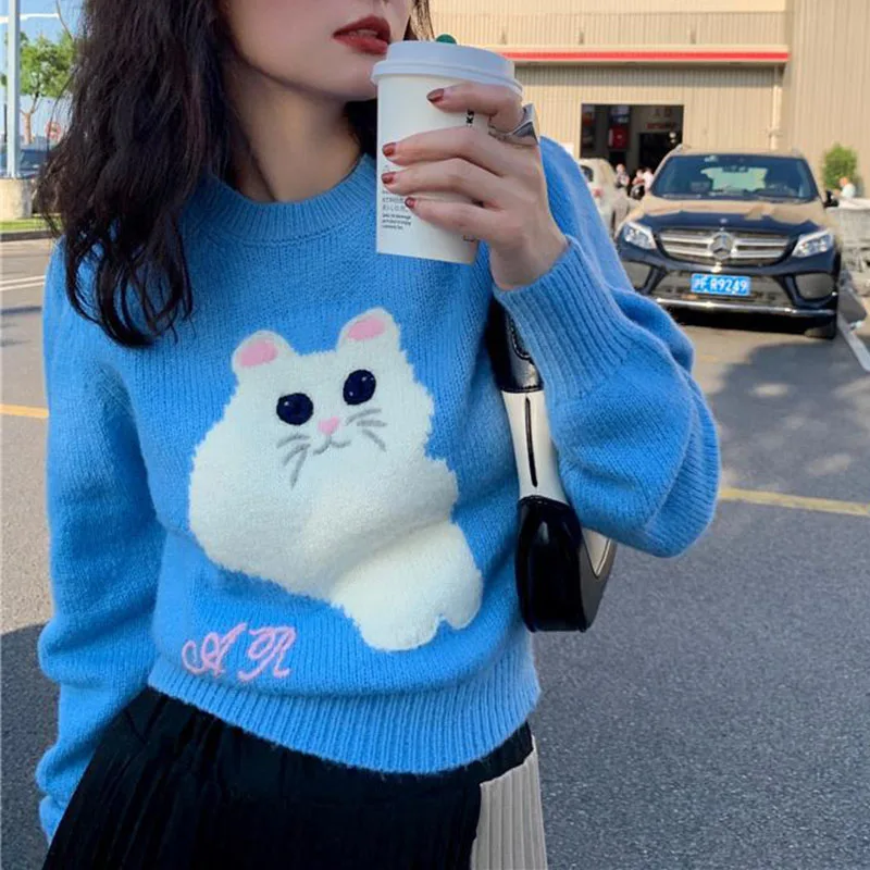 Cartoon Cat Knitwear Pullovers Sweater Women Spring O Neck Blue Sweater Jumper Female Long Sleeve Soft Knit Sweater For Women