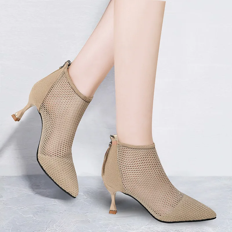 2025 New Women’s Mesh Sandals Boots Sexy Summer High Heels Holllow Out Breathable Casual Shoes Ankle Botas Back Zip Pointed Toe