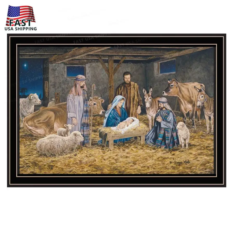 Trendy Decor 4U The Greatest Gift of All - The Birth of Christ Black Framed Wall Art for Living Room Nativity Wall Art Print fo