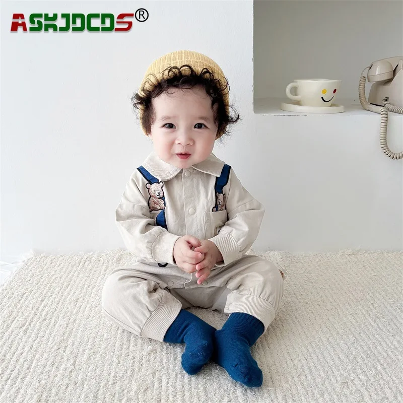 

2023 Autumn New In Newborn Baby Boys Full Sleeve Polo-collar Single-breasted Bear One-piece Infant Kids Overalls Toddler Romper