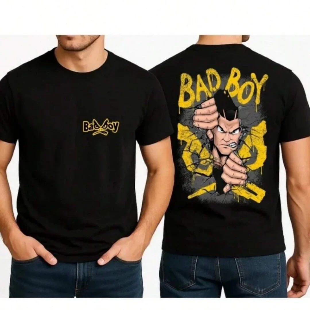 Modisches BAD BOY Crack Breakthrough Cartoon-Grafik-Print Herren Schwarzes T-Shirt Street Hip Hop Rundhals Kurzarm Oberteil