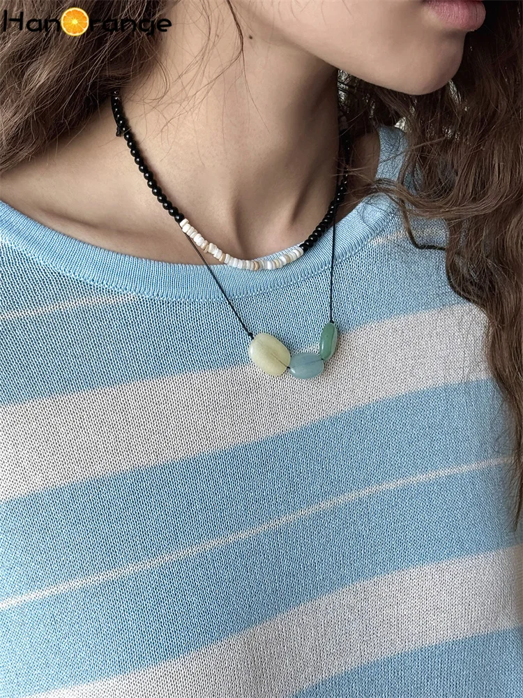 HanOrange 2025 الصيف كسول تقليد الكتان واسعة مخطط واقية من الشمس محبوك سترة المرأة خفيفة الوزن الأزرق الداكن/السماء الزرقاء