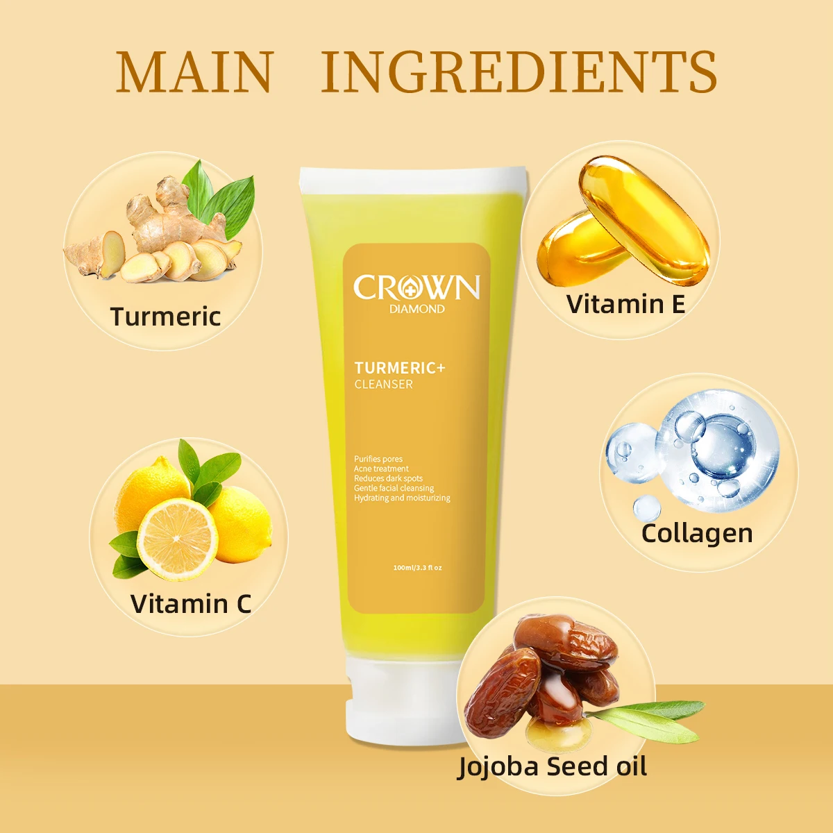 Professional Turmeric Cleanser Whitening Cream Brightening Facial Deep Cleaning Wash Foam Reduce Pockmark Acne Wrinkle Dark Spot