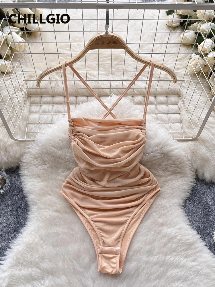 

CHILLGIO Women Ruched Mesh Strappy Rompers Fashion Party One Piece Bodysuits Solid Combination Catsuits Backless Tight Onesie