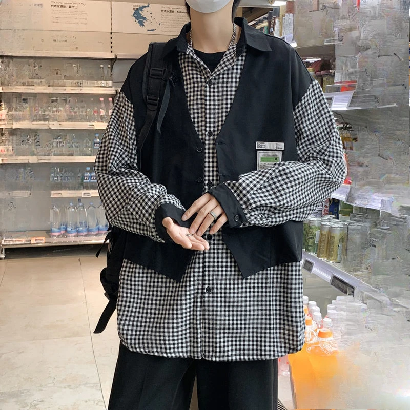 EBAIHUI Fake Two Piece Checkered Shirt Coat Korean Version Contrasting Single Breasted Blouse Loose Casual Long Sleeved Male Top