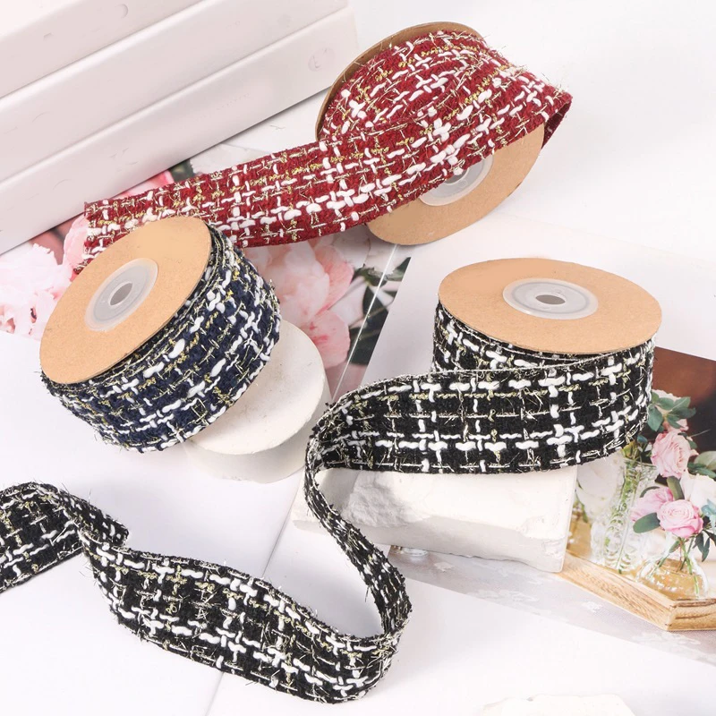 10 Yards 38MM Golden Thread Plaid Pachynema Knit Ribbon Hair Bows DIY Crafts Handmade Accessories Sewing Supplies