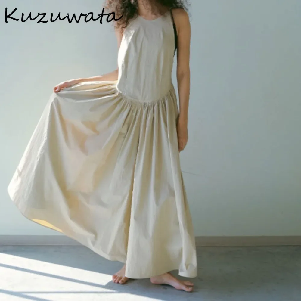 فستان Kuzuwata 2025 للعطلات الصيفية غير الرسمية متوسط الطول مثير بدون ظهر عتيق فساتين ضيقة يابانية كسول بسيط مكشكش على شكل حرف a #2