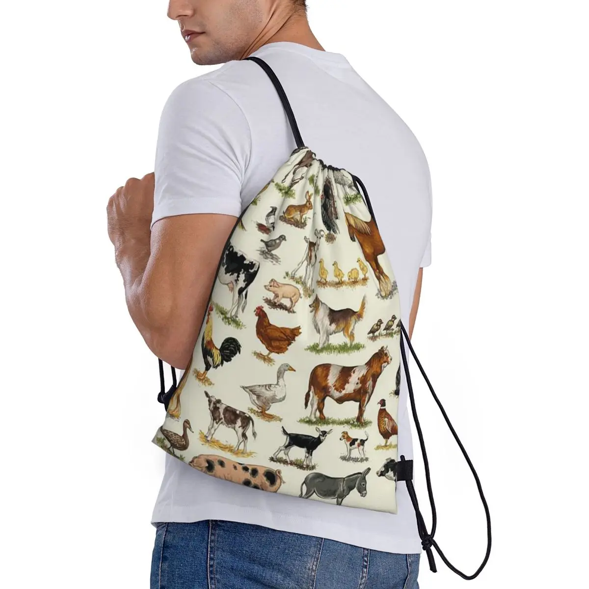 

Country Farm Animals Farmhouse Village Pet Backpacks Portable Drawstring Bundle Pocket Sundries Bag Book Bags for Travel School