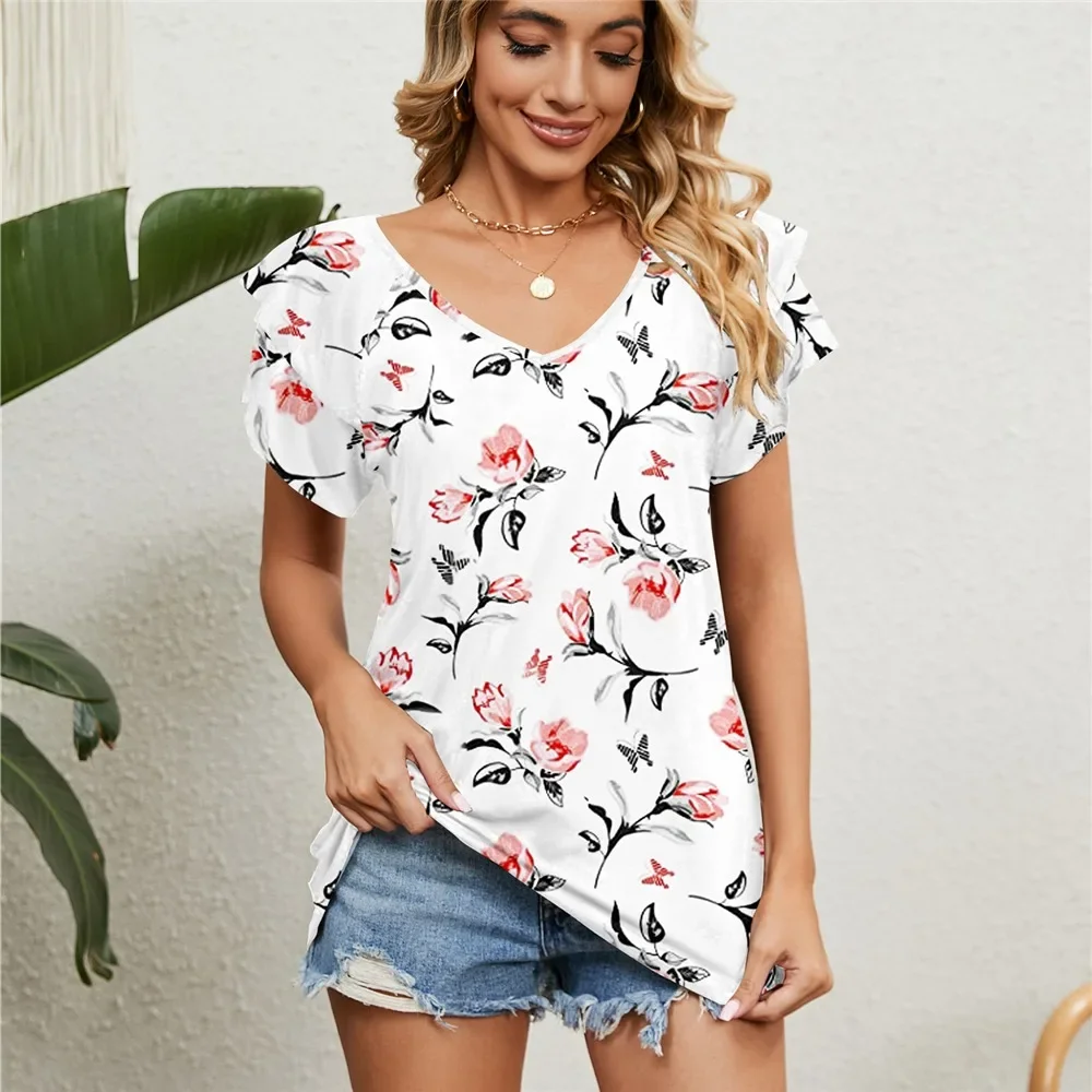 

Women's Shirts & Blouses for Women Elegant Summer Tops Short Sleeve Korean Popular Floral Blouse White Woman Trend 2024 Clothing