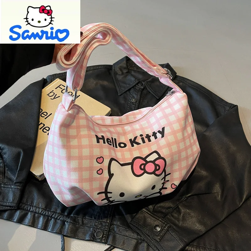 Sanrio Large Capacity Fresh Checkered Cartoon Hello Kitty Crossbody Bag for Women's Casual Versatile Handheld Travel Bag