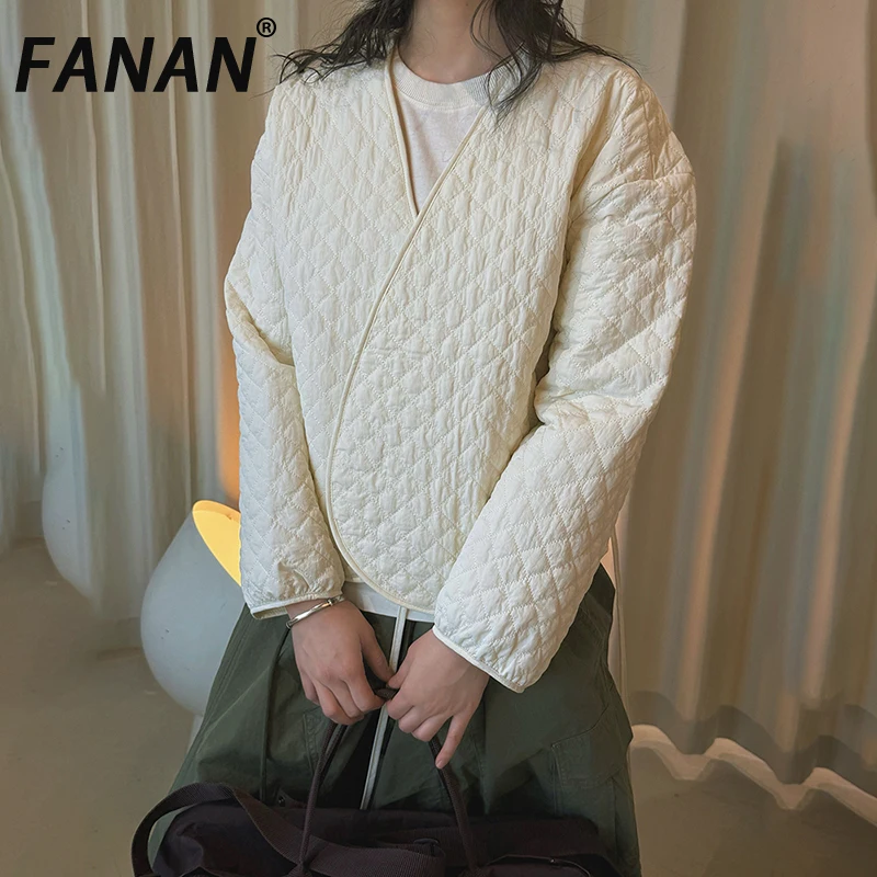 

Женские хлопковые пальто FANAN в корейском стиле со шнуровкой, V-образным вырезом, длинным рукавом, повседневные, универсальные, минималистичные куртки, новинка весны 2026