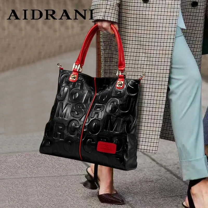 Aidrani Trendy WOMEN'S Large Capacity Letter Embossed Tote Bag Made of Soft Cowhide Material Single Shoulder Underarm Bag