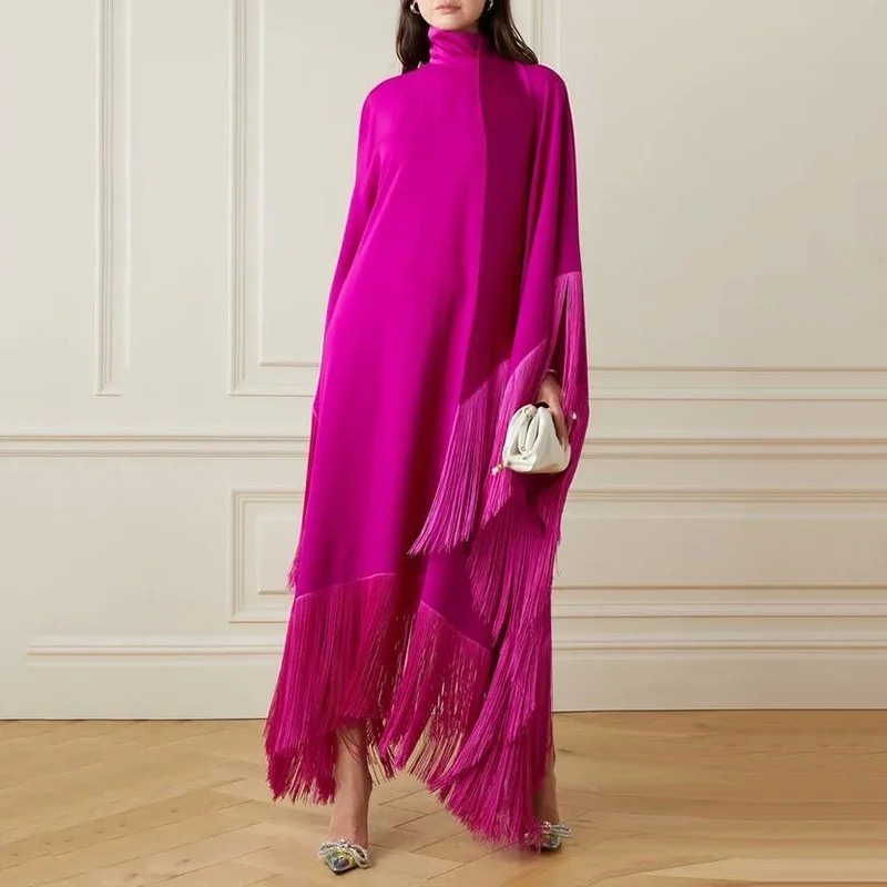 Gymystars Evening Dresses Female Maxi Dresses New Elegant Fuchsia Split-Joint Tasseled Batwing Sleeves High Neck Loose Clothing