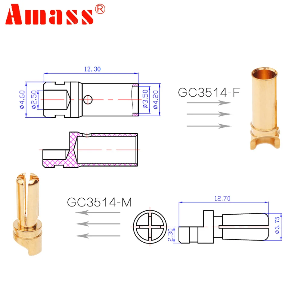 Amass-Golden Bullet Connector para RC ESC Motor, Bateria Lipo, Carro, Caminhão, Avião, Drone, Buggy Brinquedos, DIY, 3.5mm, GC-3514, 10 Pares por lote