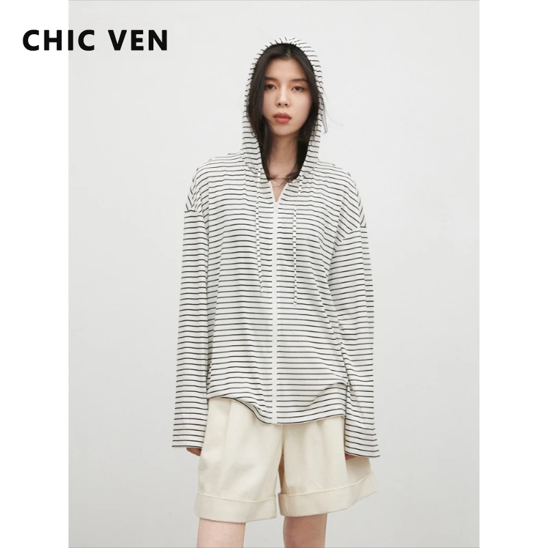 

CHIC VEN Fashion Women T-Shirts Loose Casual Stripe Cool Hooded Female Knitted Cardigan Sunscreen Cover Tees Spring Summer 2026