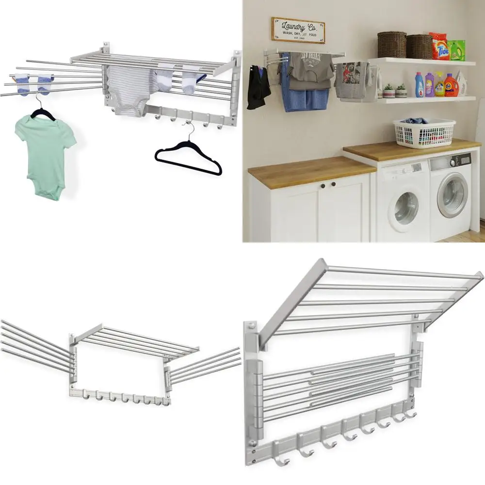 

Wall-Mounted Metal Laundry Drying Rack with Hooks and Swing Arms, 24-Inch Organizer for Clothes, Space-Saving Laundry Room Solut