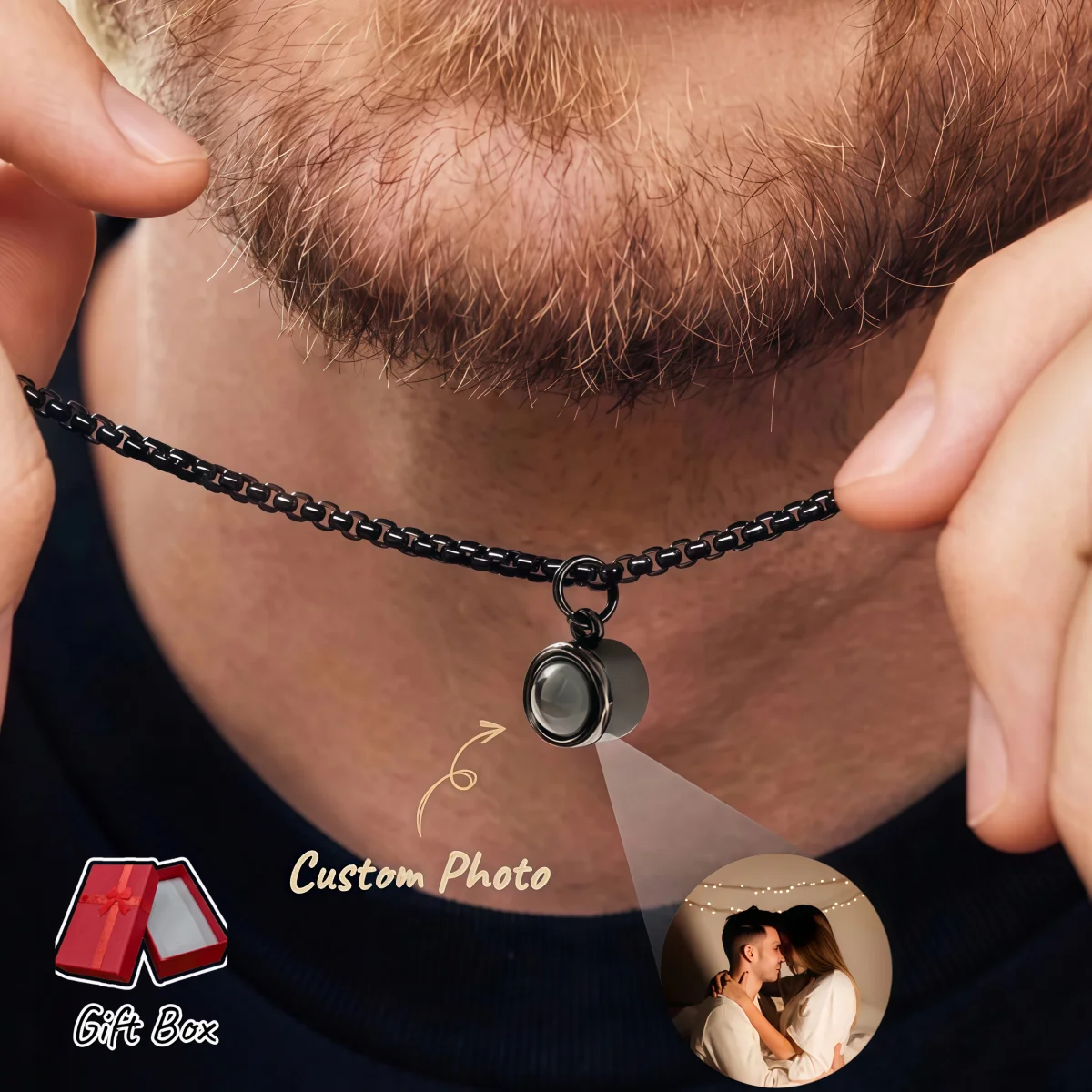 Custom Picture Projection Necklace Stainless Steel Black Chain Personalized Keepsake Anniversary Jewelry Gift
