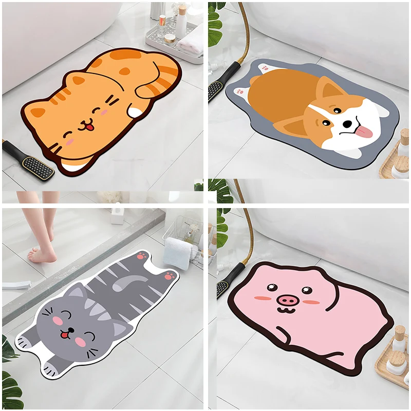 Cartoon Shaped Diatomaceous Earth Mud Quick Drying Floor Mat, Bathroom Absorbent Carpet, Animal Shaped Door Mat, Rubber Anti SLI