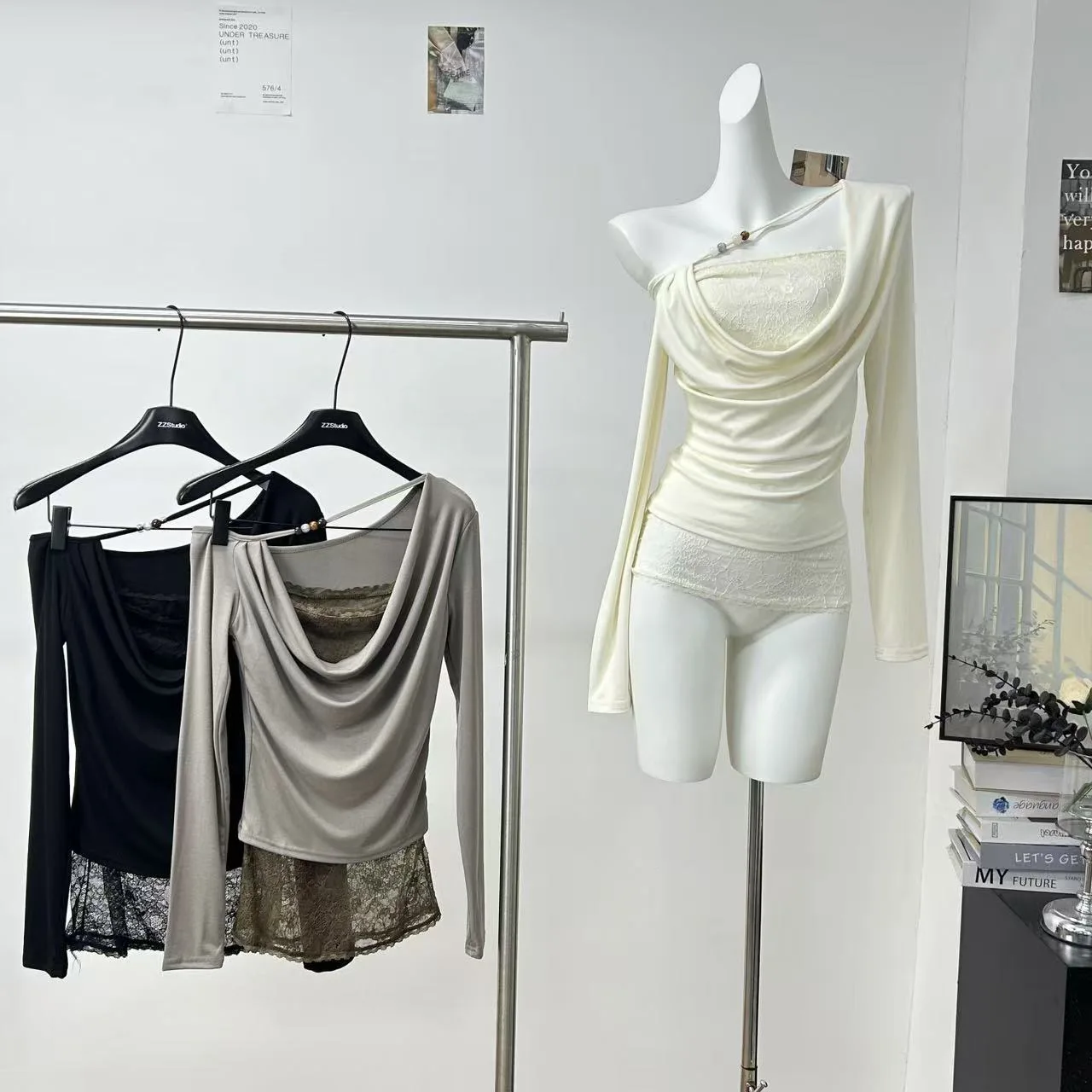 

Women's Spring Autumn Fake Two Pieces Off Shoulder Swinging Collat T Shirt Lady Solid Color Solid Color Slim Long Sleeve Tee Top