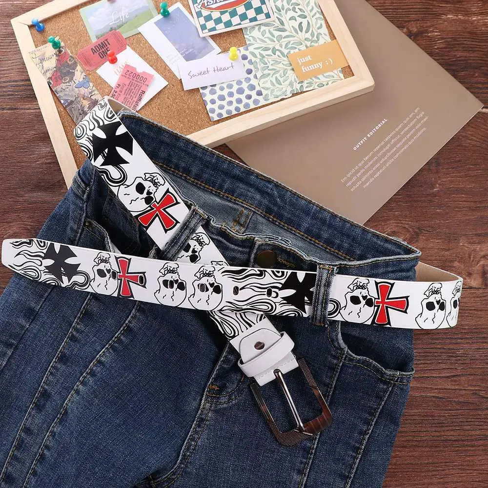 

Punk Style Skull Skeleton Pattern Cross For Men Korean Waist Strap PU leather Belt Female Waistband Casual Belt Accessories