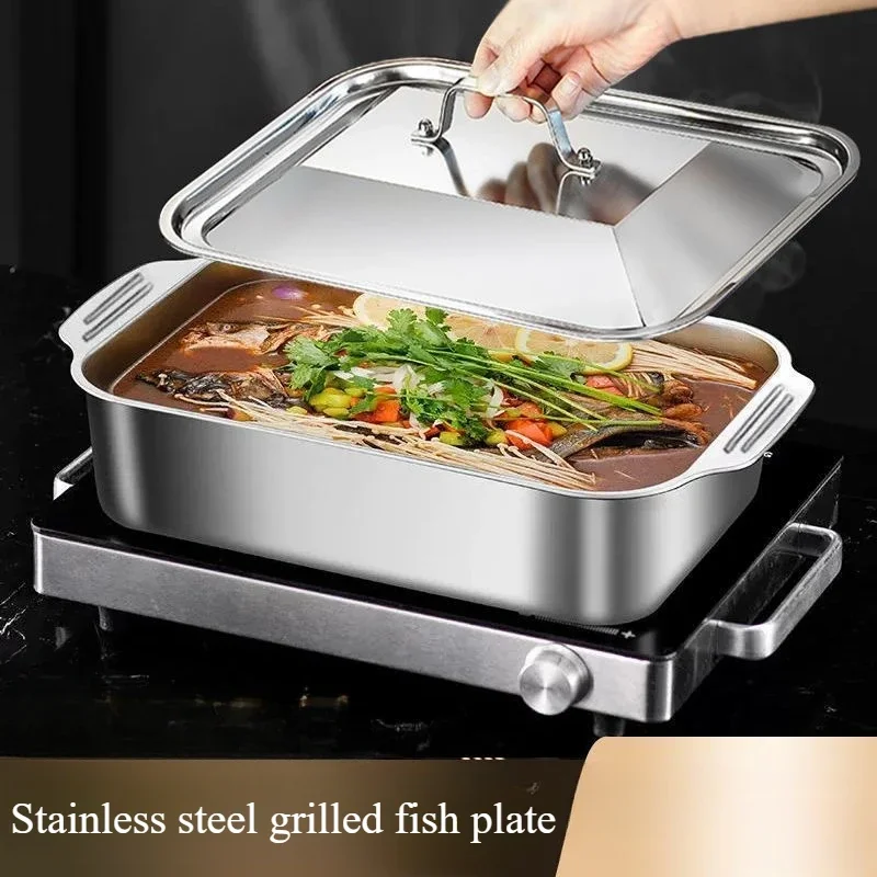 Large Capacity Stainless Steel Fish Deep Plate Both Gas and Induction Cooker BBQ Fried Beef Food Tray Seafood Dish Bbq Plate