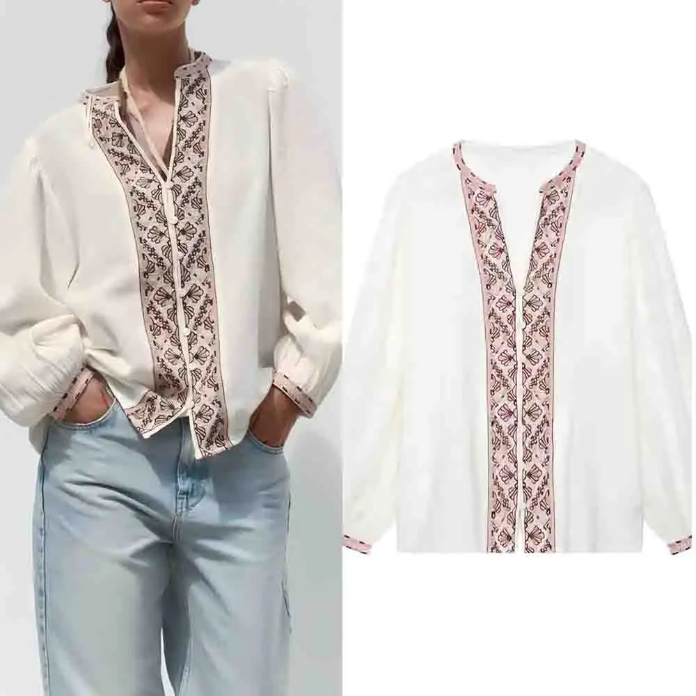 

Women's new fashion pleated design casual comfortable V-neck embroidered shirt long sleeved button up women's shirt chic top